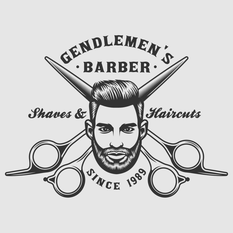 emblema de barbería con cara de hombre y tijeras vector