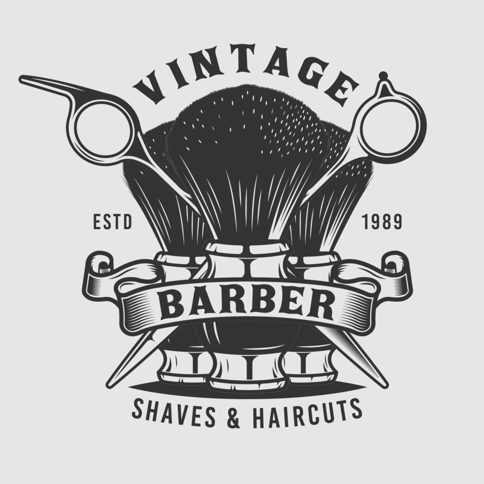 cepillo de barbero vintage y emblema de tijera vector