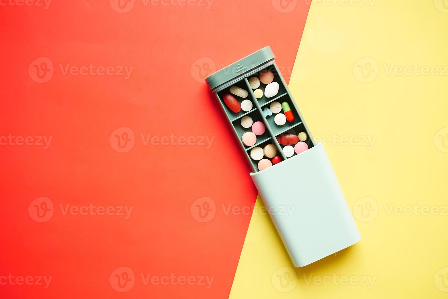 top view of medical pill box on color background 7065130 Stock Photo at