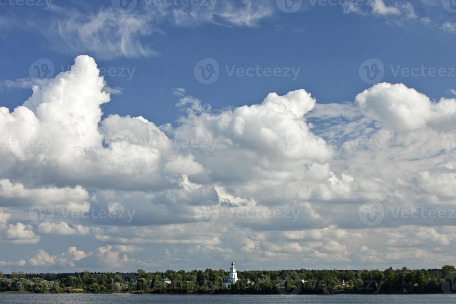 White Cumulus clouds in blue sky by day, natural background, sky, day, clouds, water, lake, pond, trees, forest, Church, photo