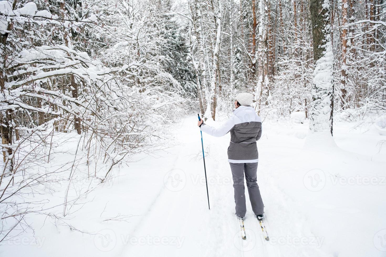 Skier a woman in a membrane jacket with ski poles in his hands with his back against the background of a snowy forest. Cross-country skiing in winter forest, outdoor sports, healthy lifestyle. photo