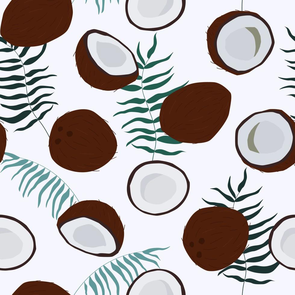 Seamless pattern with coconut and palm leaves. Tropical abstract summer print. Vector graphics.