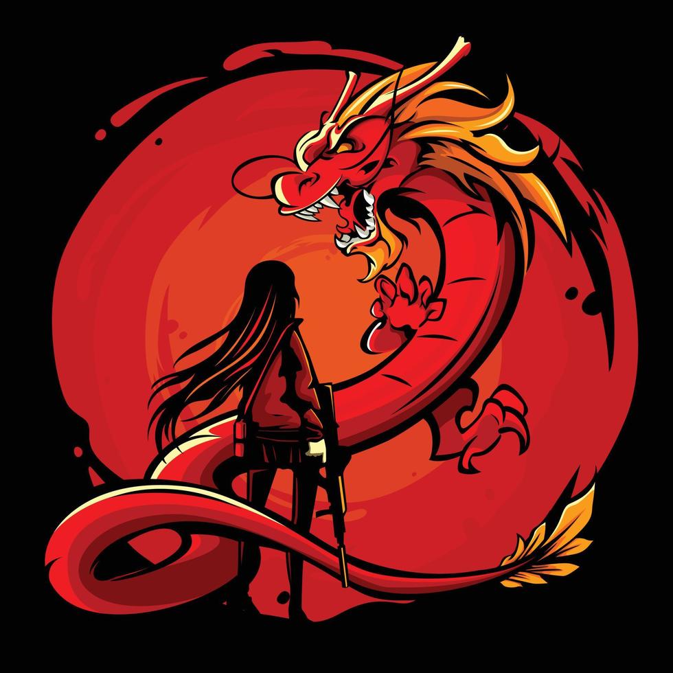 Vector illustration of armed woman facing a dragon