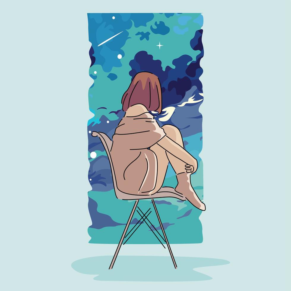 ilustración vectorial de una chica sentada y mirando el cielo desde la ventana vector