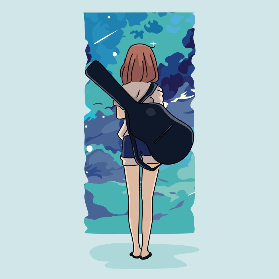 vector illustration of a girl standing with a guitar looking up at the sky from the window