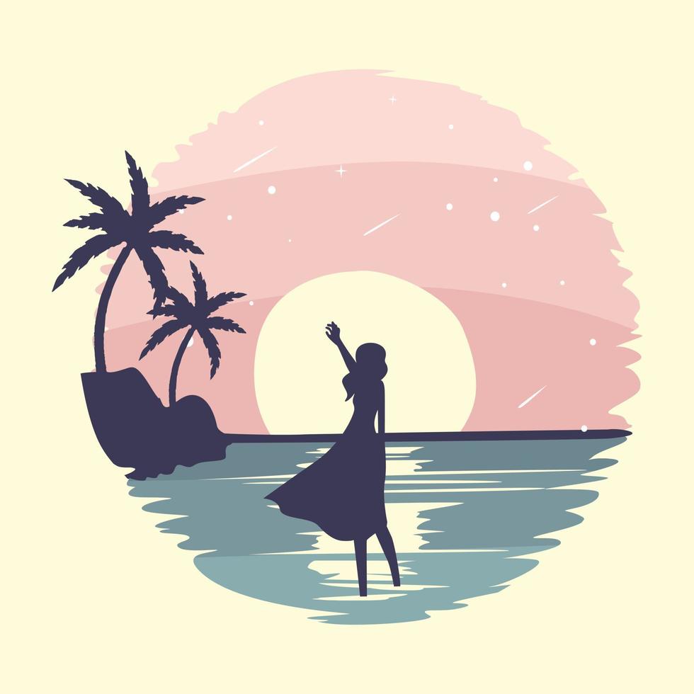 Vector scenery illustration of girl playing on the beach