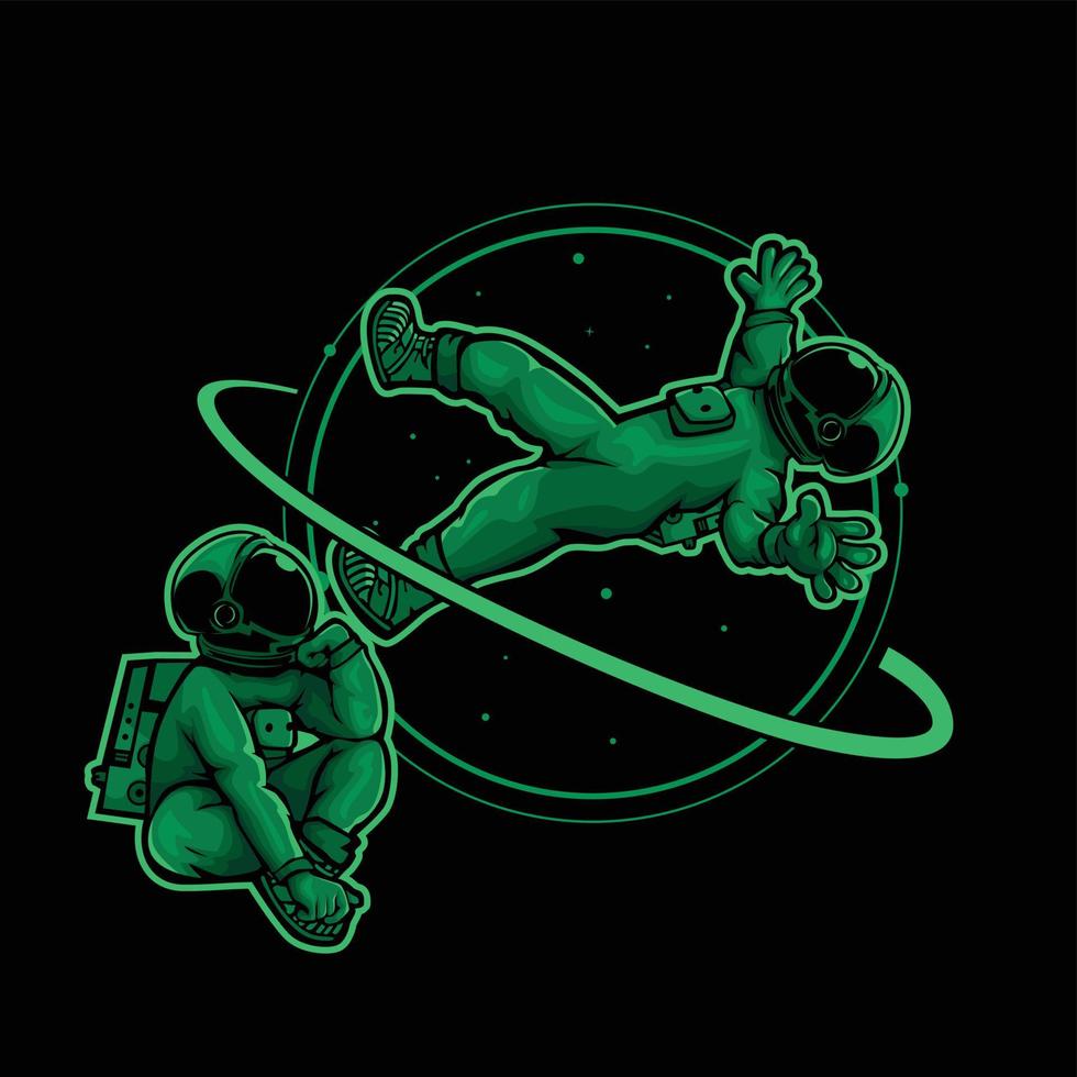 Vector illustration of green astronaut hovering in space