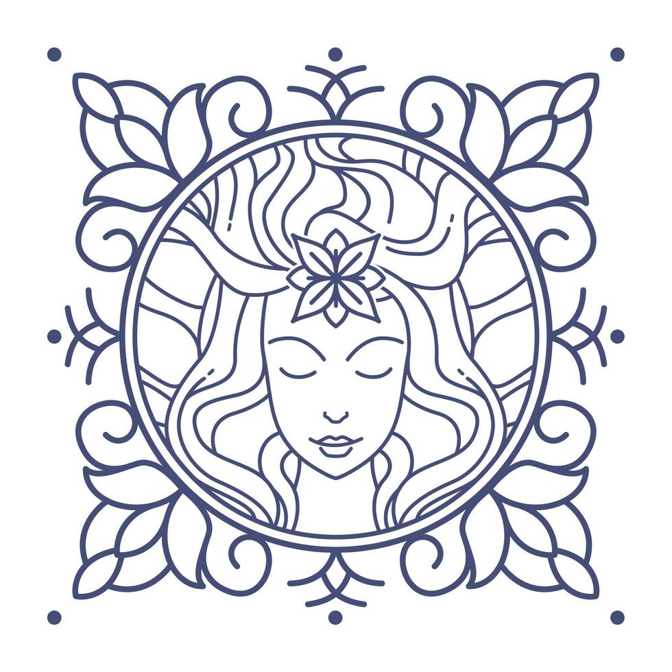 Vector illustration of a goddess icon with floral ornaments around it