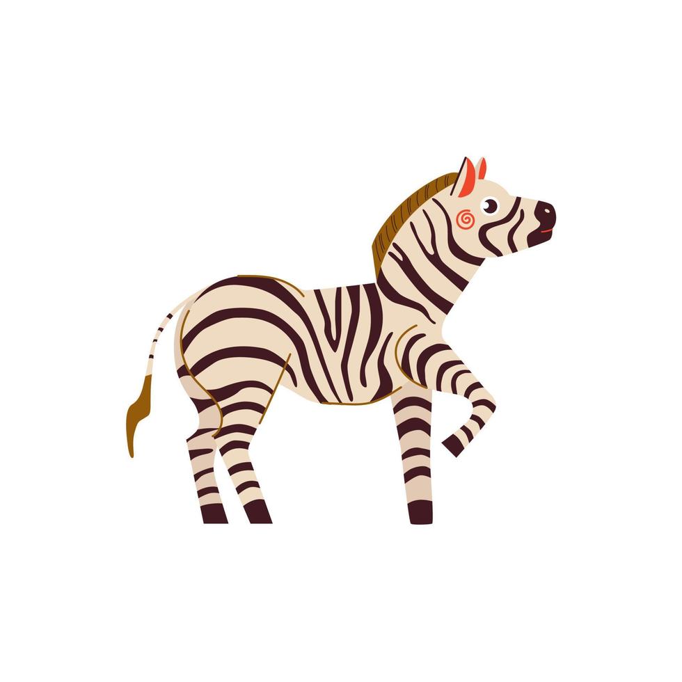 Zebra vector flat cartoon illustration. Cute african zebra isolated on white background for prints, stickers, cards and kids design