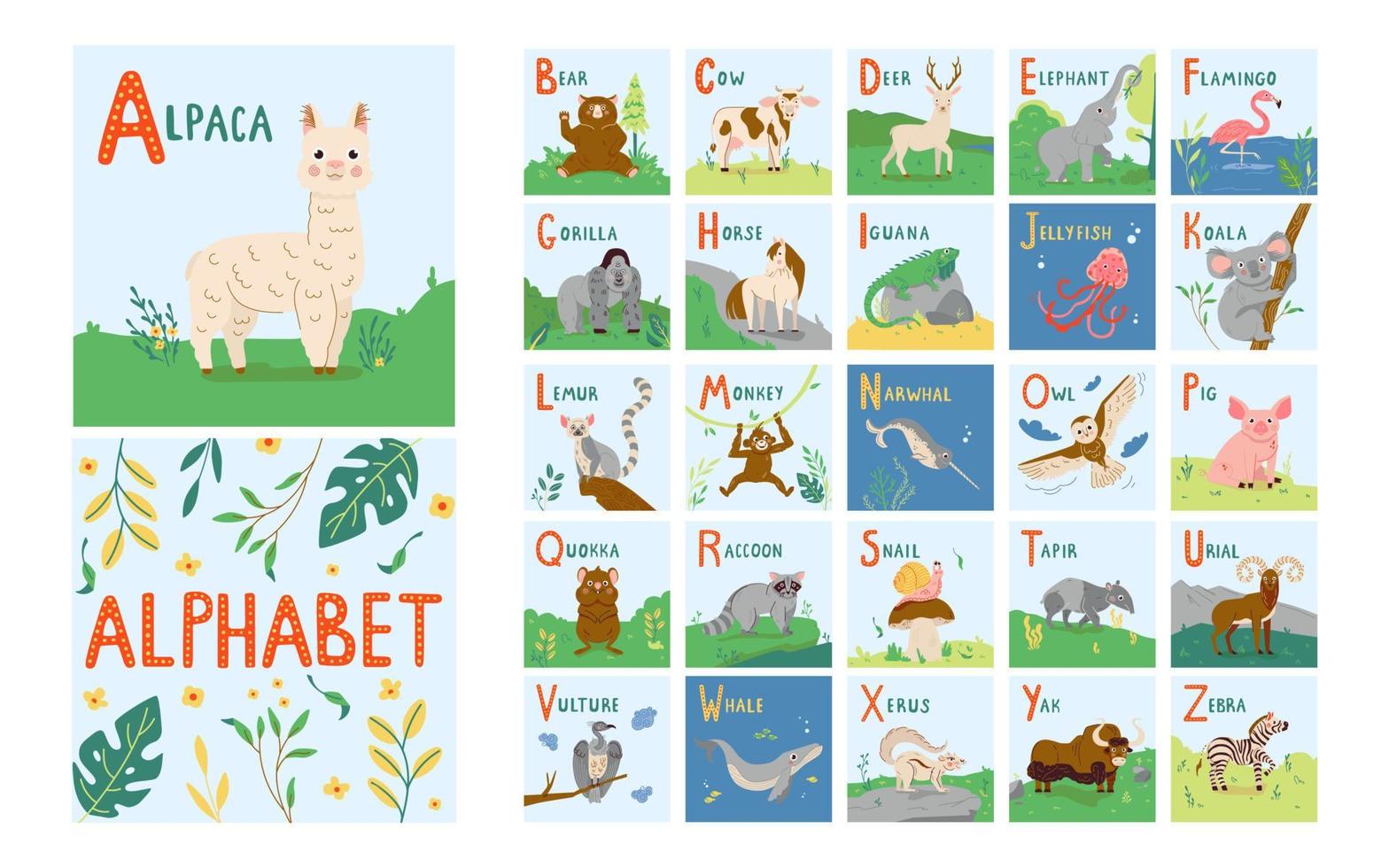 Alfabeto de animales lindos para la educación de los niños de la A a la Z. fuente vectorial infantil para niños libro abc con personajes de animales dibujados a mano vector