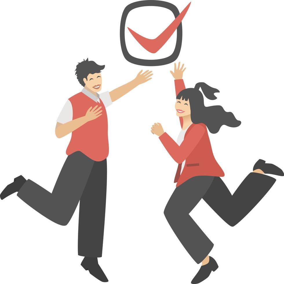 Young happy office man and women completing task team work concept. vector