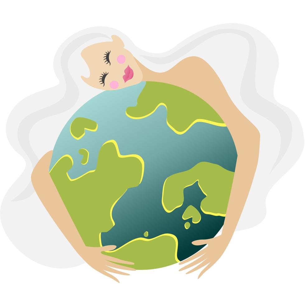 Cute cartoon girl hugging earth,Earth day concept. vector