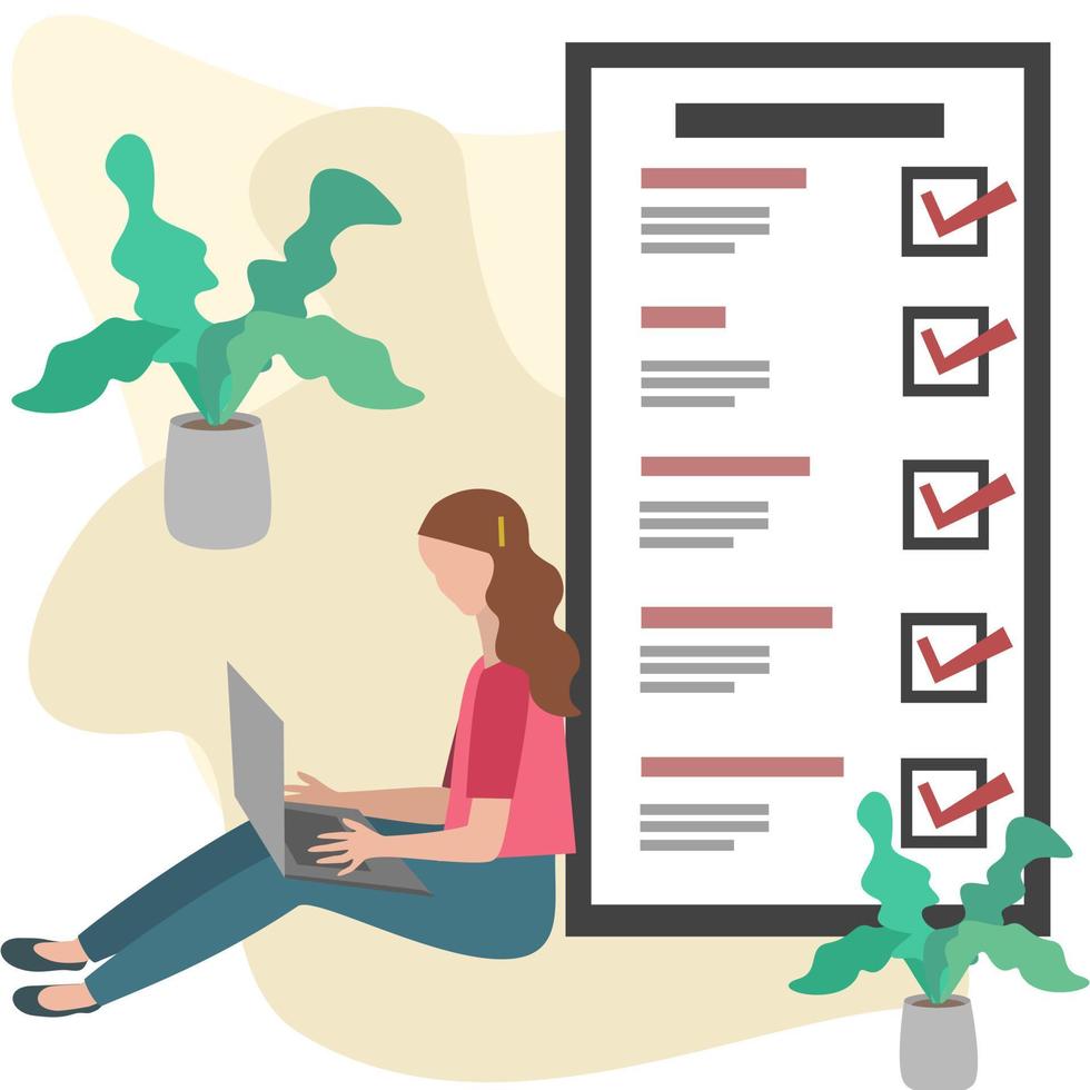 Cute young girl with checklist completing task. vector