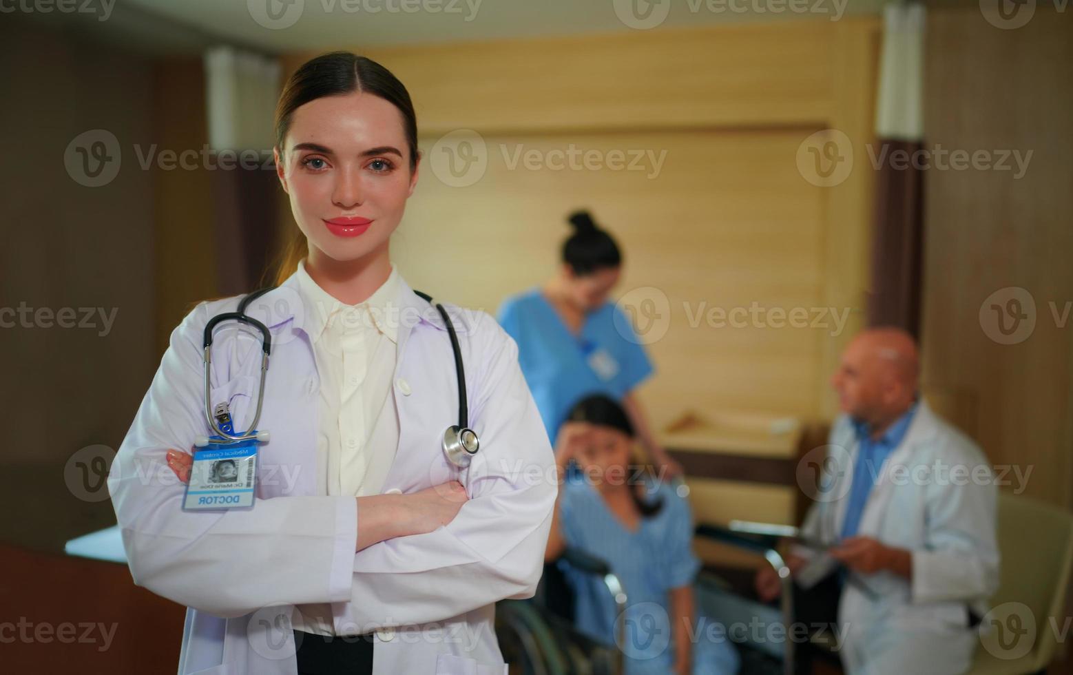 International doctor team. Hospital medical staff. Mixed race Asian and Caucasian doctor and nurse meeting. Clinic and stethoscope. photo