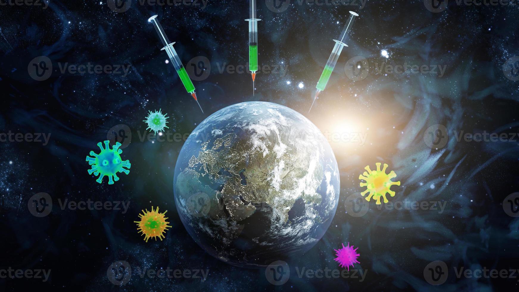 Medical syringe with a needle vaccinated the planet Earth. 3D rendering. Elements of this image furnished by NASA. photo