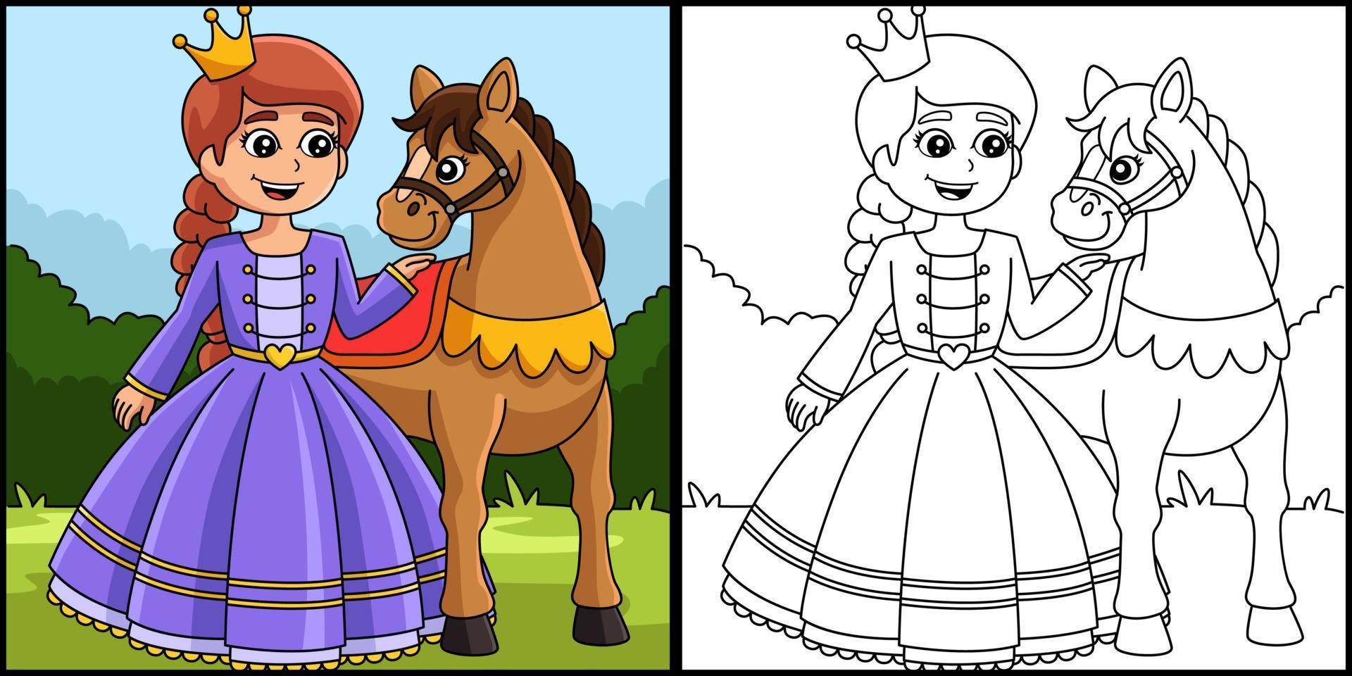Princess And Horse Coloring Page Illustration vector
