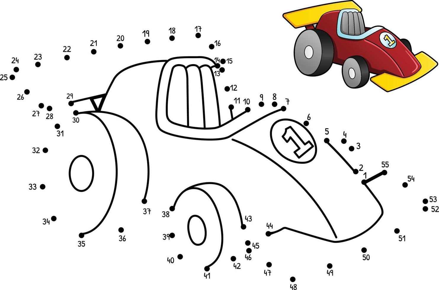 Dot to Dot Race Car Isolated Coloring Page vector