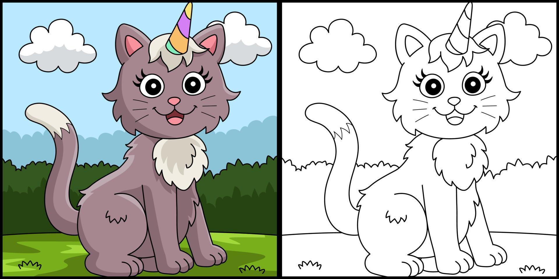 Cat Unicorn Coloring Page Colored Illustration vector