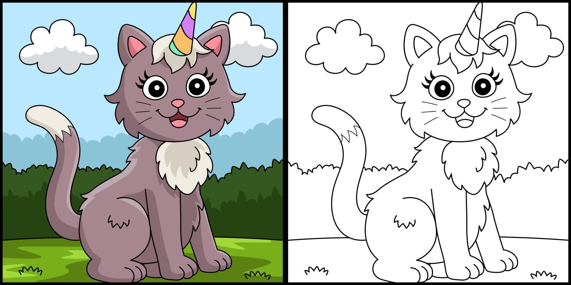 gato unicornio para colorear página color ilustración vector