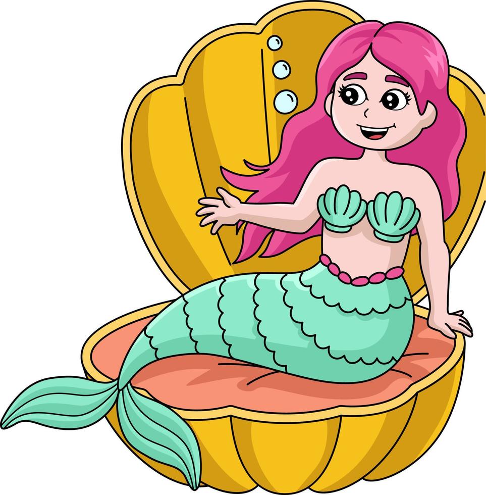 sirena sentada en una concha de dibujos animados de color clipart vector