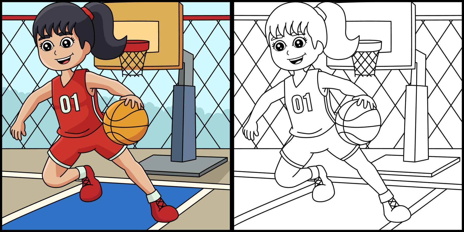 Girl Playing Basketball Coloring Page Illustration vector