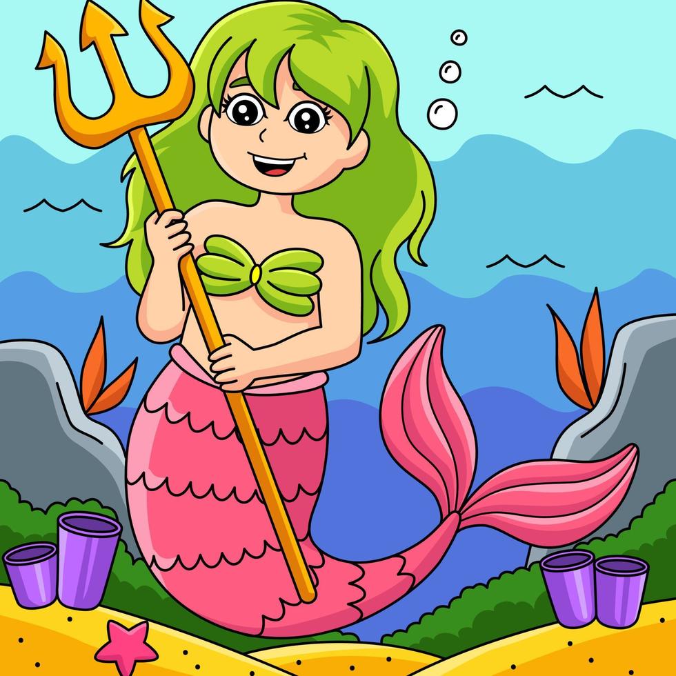 Mermaid Holding Trident Colored Cartoon vector