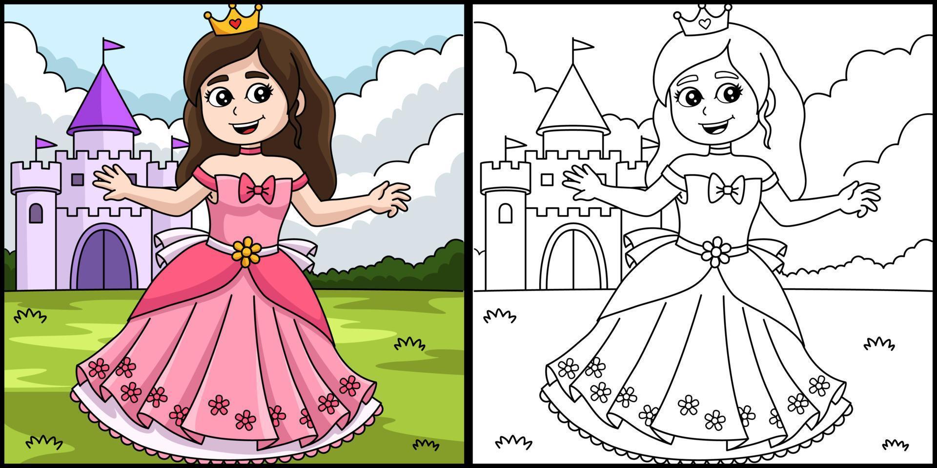 princesa frente al castillo para colorear vector