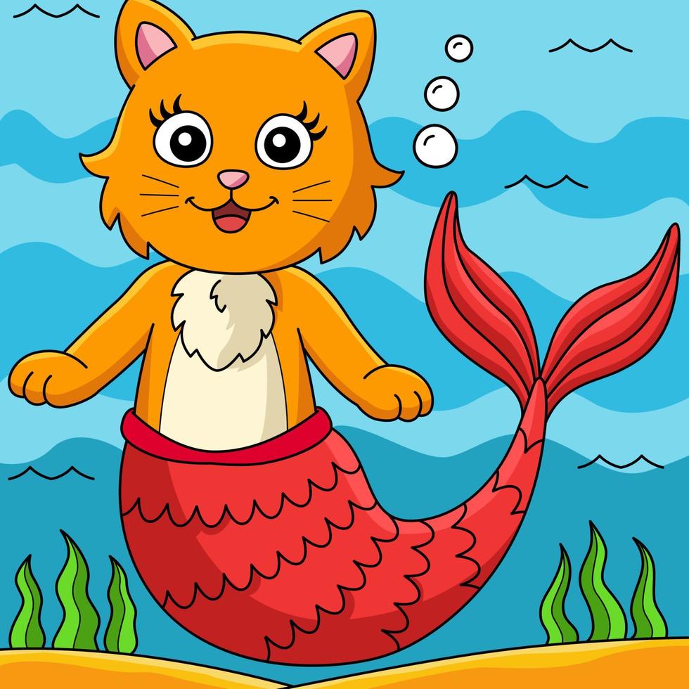 Cat Mermaid Colored Cartoon Illustration vector