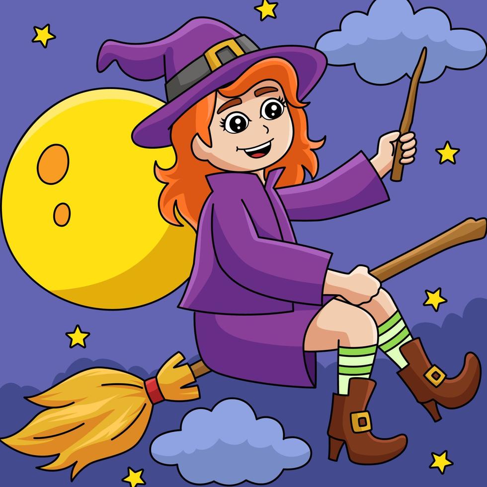 Witch Girl On A Broomstick Colored Illustration vector