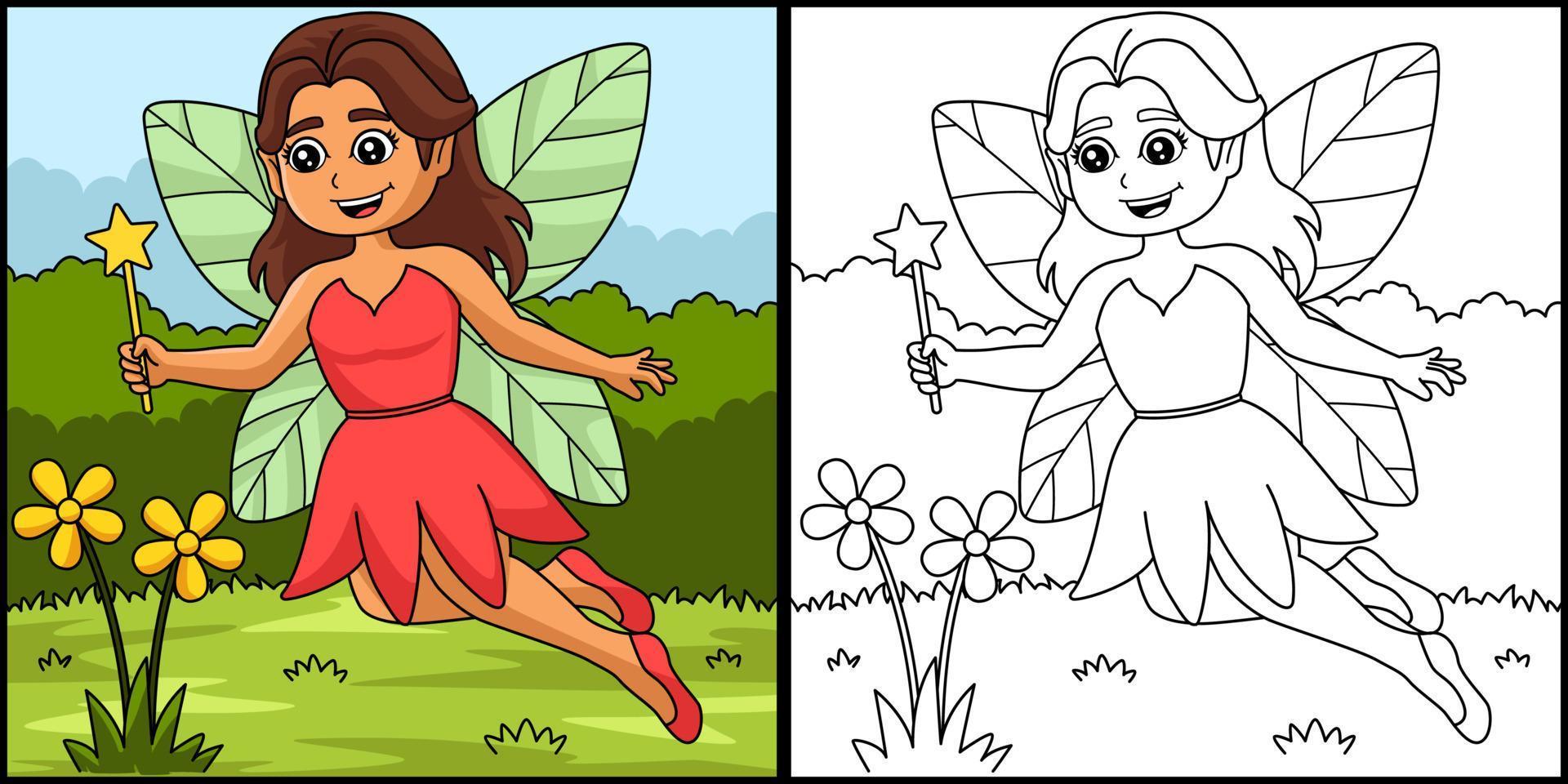 Fairy Holding Magic Wand Coloring Illustration vector