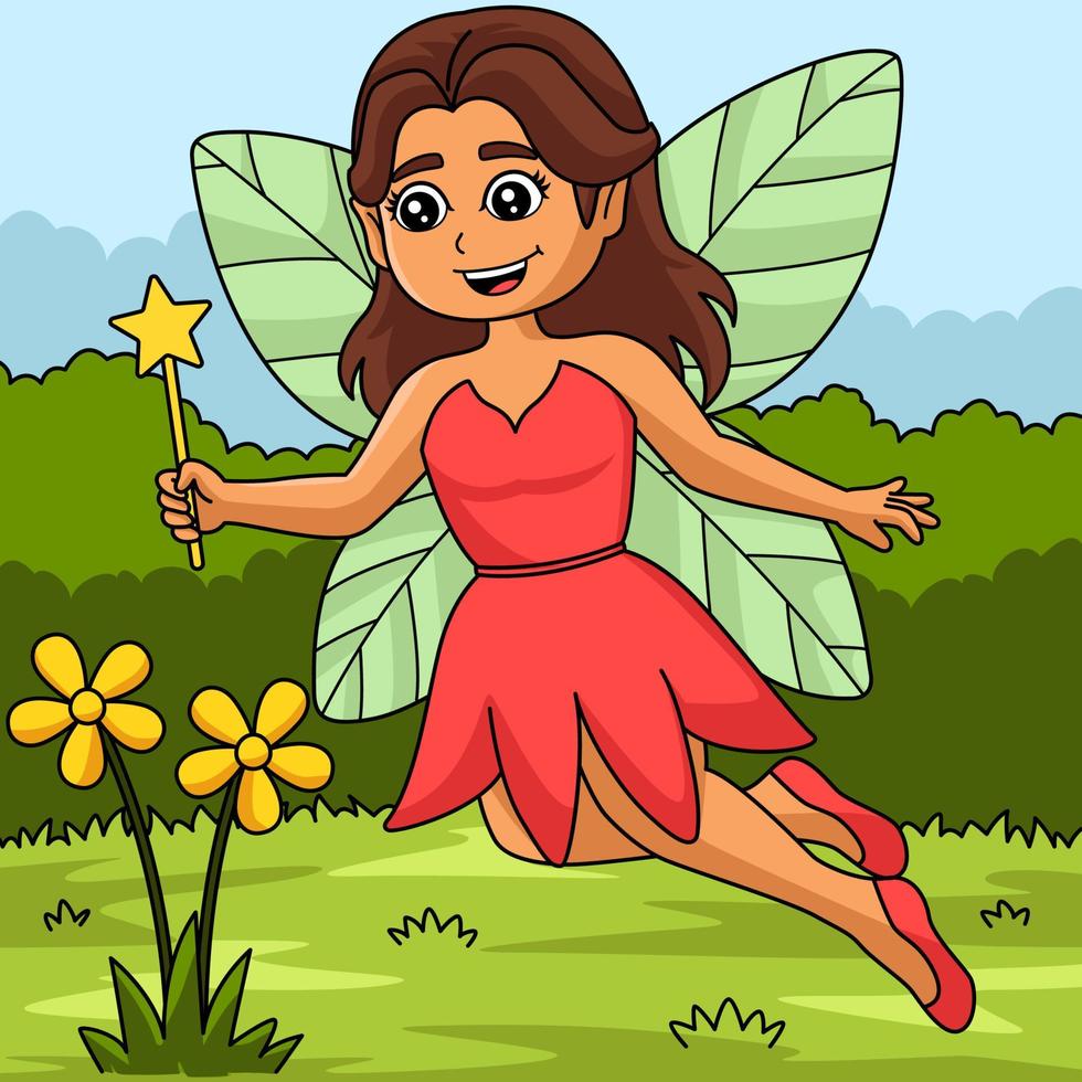 Fairy Holding Magic Wand Colored Cartoon vector