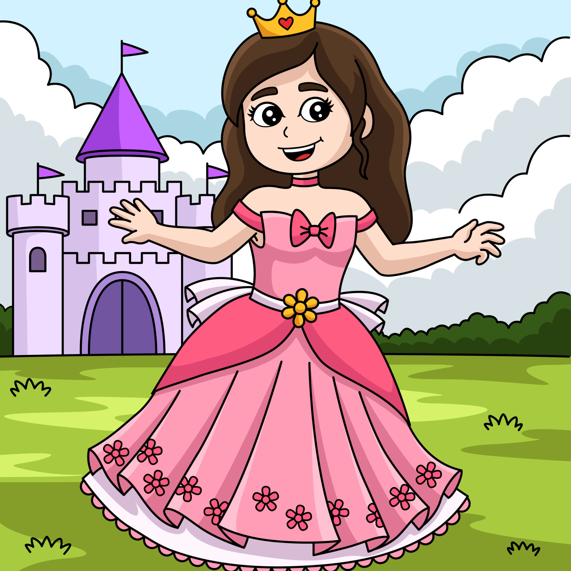 princesa frente al castillo de dibujos animados de colores 7066777 Vector  en Vecteezy