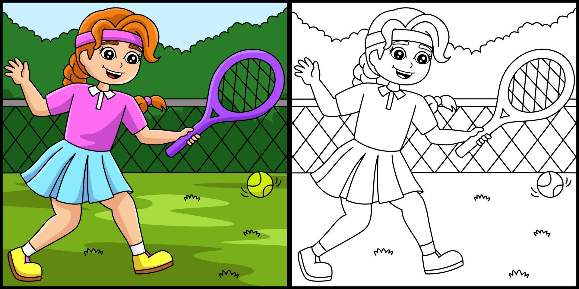 niña jugando al tenis para colorear ilustración de la página vector