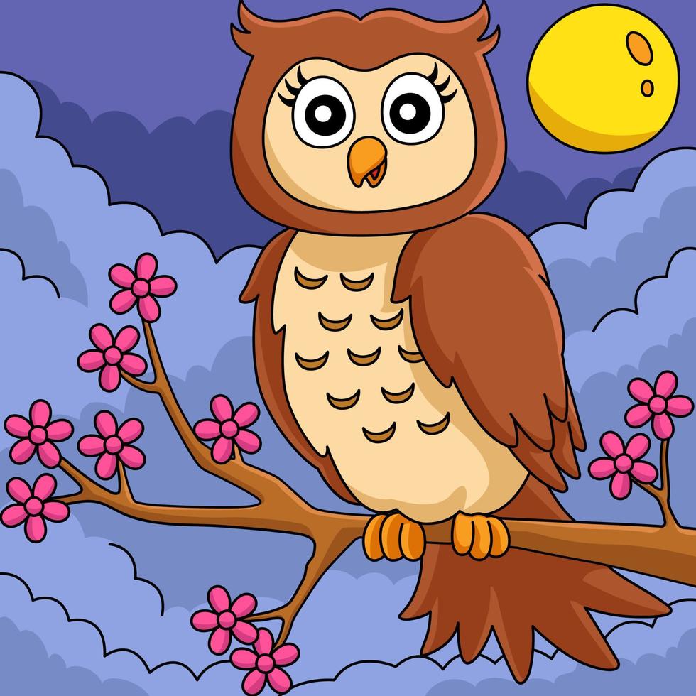 Owl On A Tree Branch Colored Cartoon Illustration vector