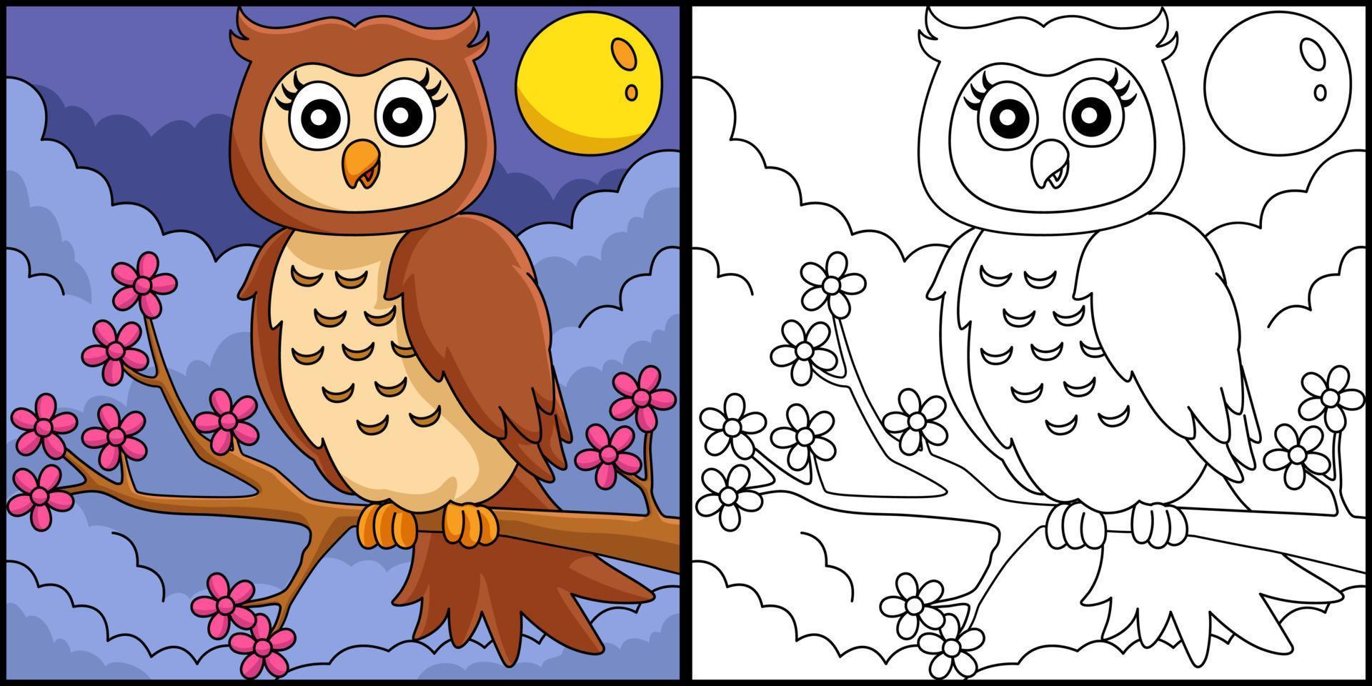 búho en una rama de árbol para colorear ilustración de página vector