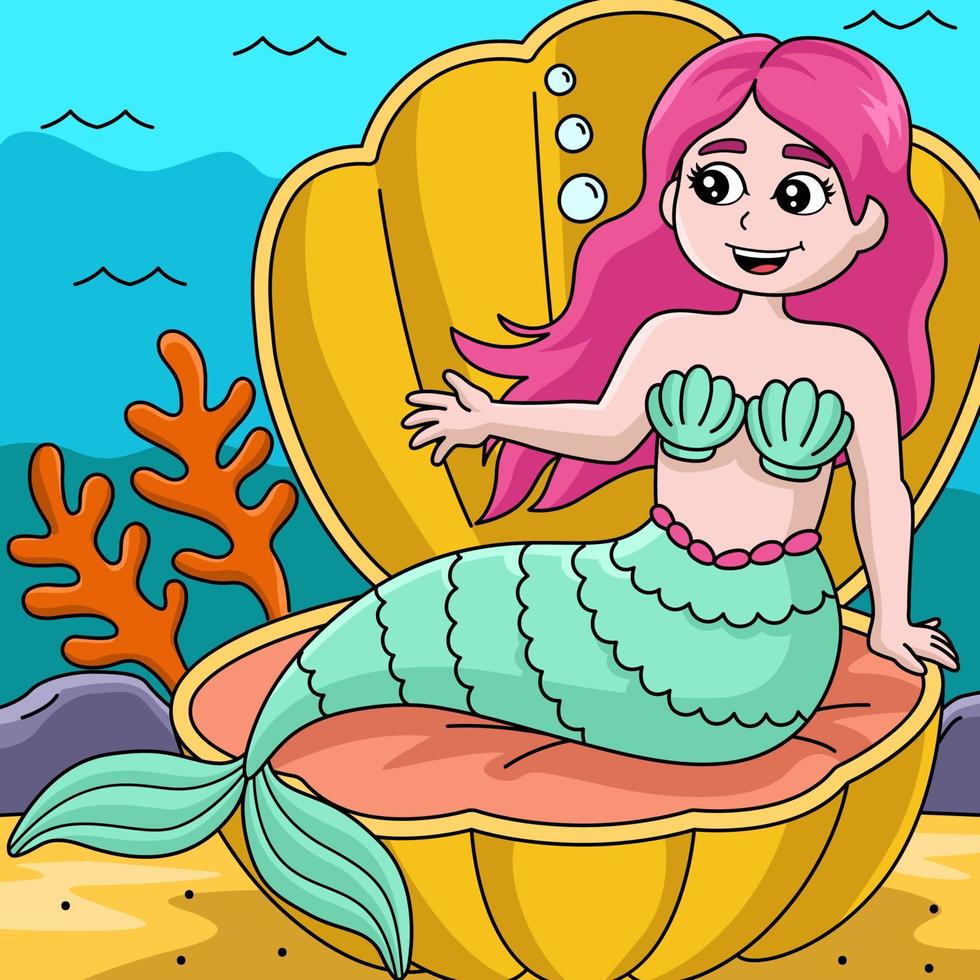 sirena sentada en una caricatura de color de concha vector