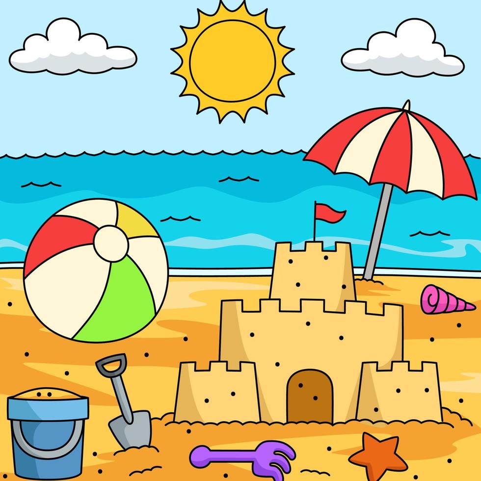 juguetes en la ilustración de dibujos animados de colores de playa vector