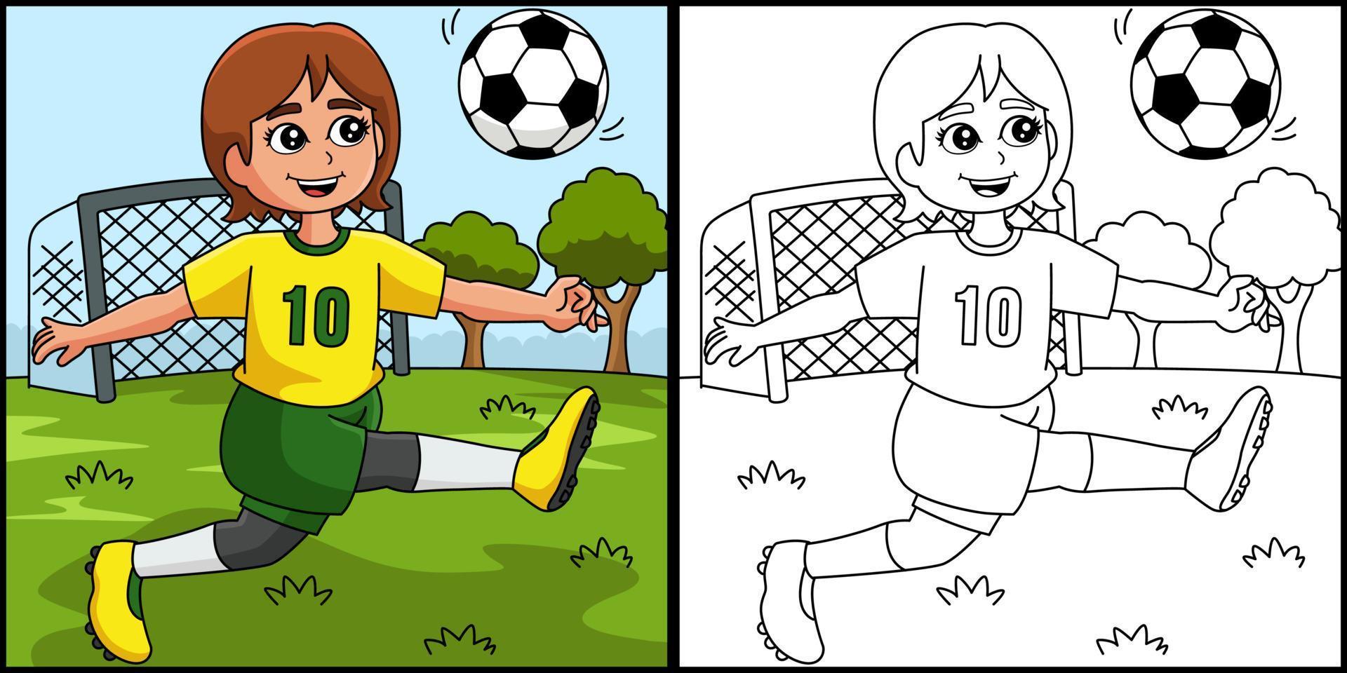 niña jugando fútbol página para colorear ilustración vector