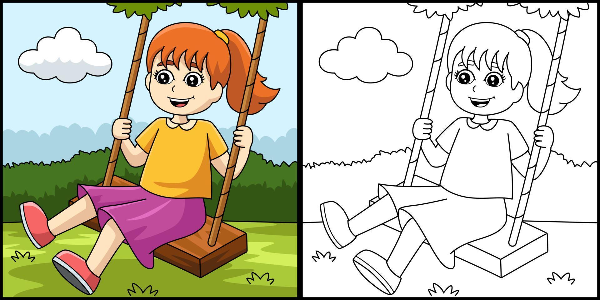 niña en un columpio para colorear ilustración de página vector