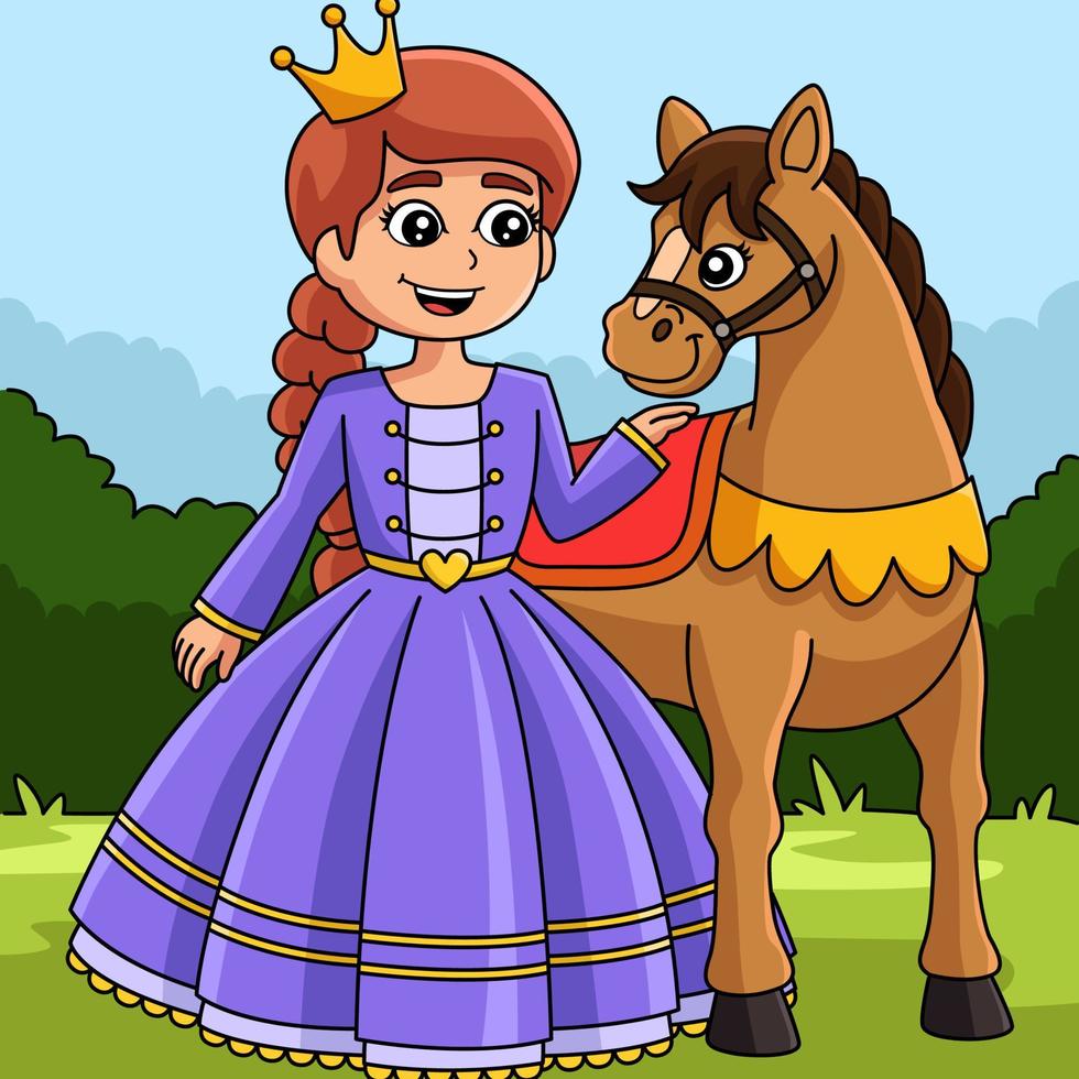 Princess And Horse Colored Cartoon Illustration vector