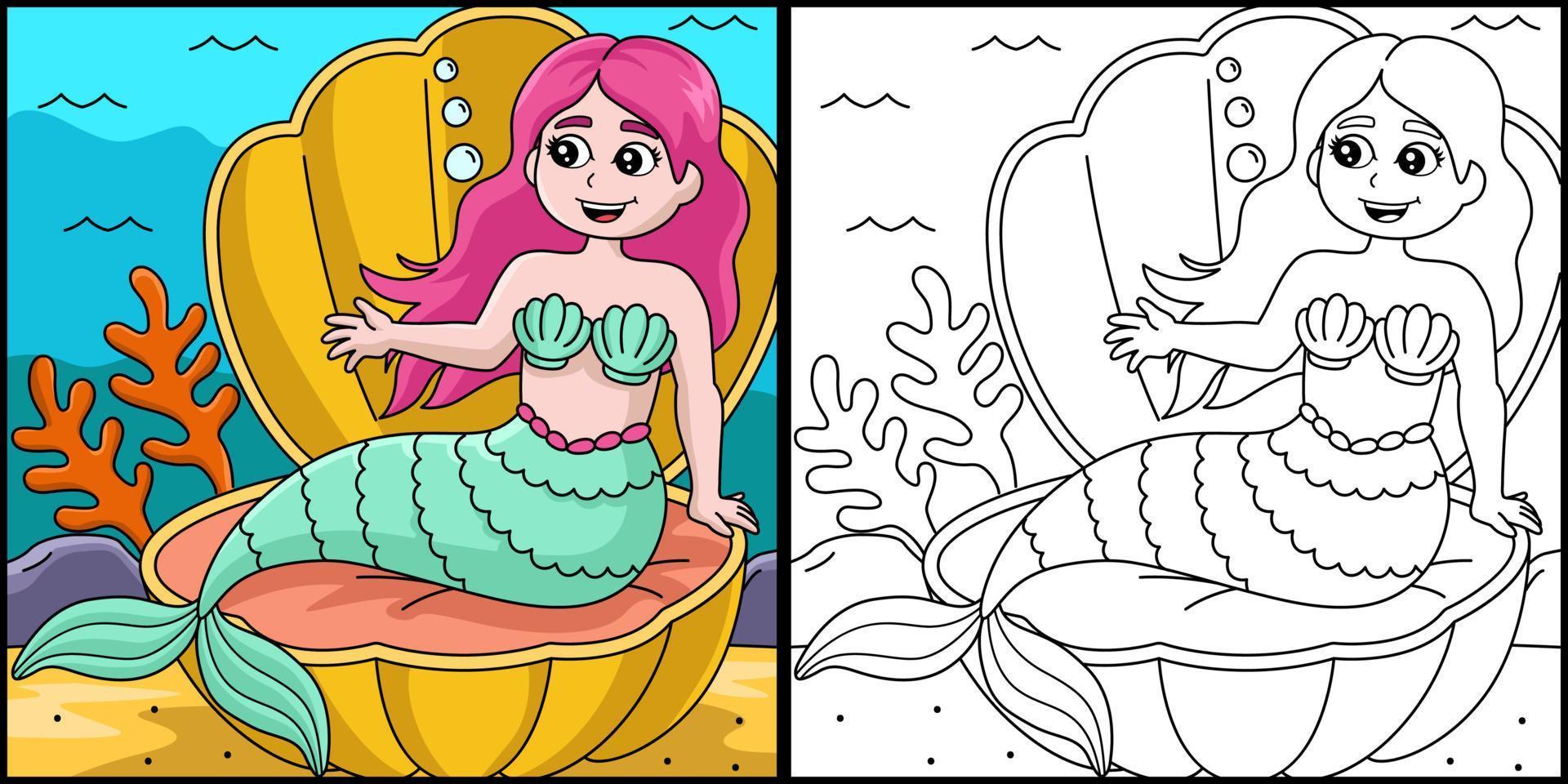 sirena sentada en una concha para colorear ilustración vector