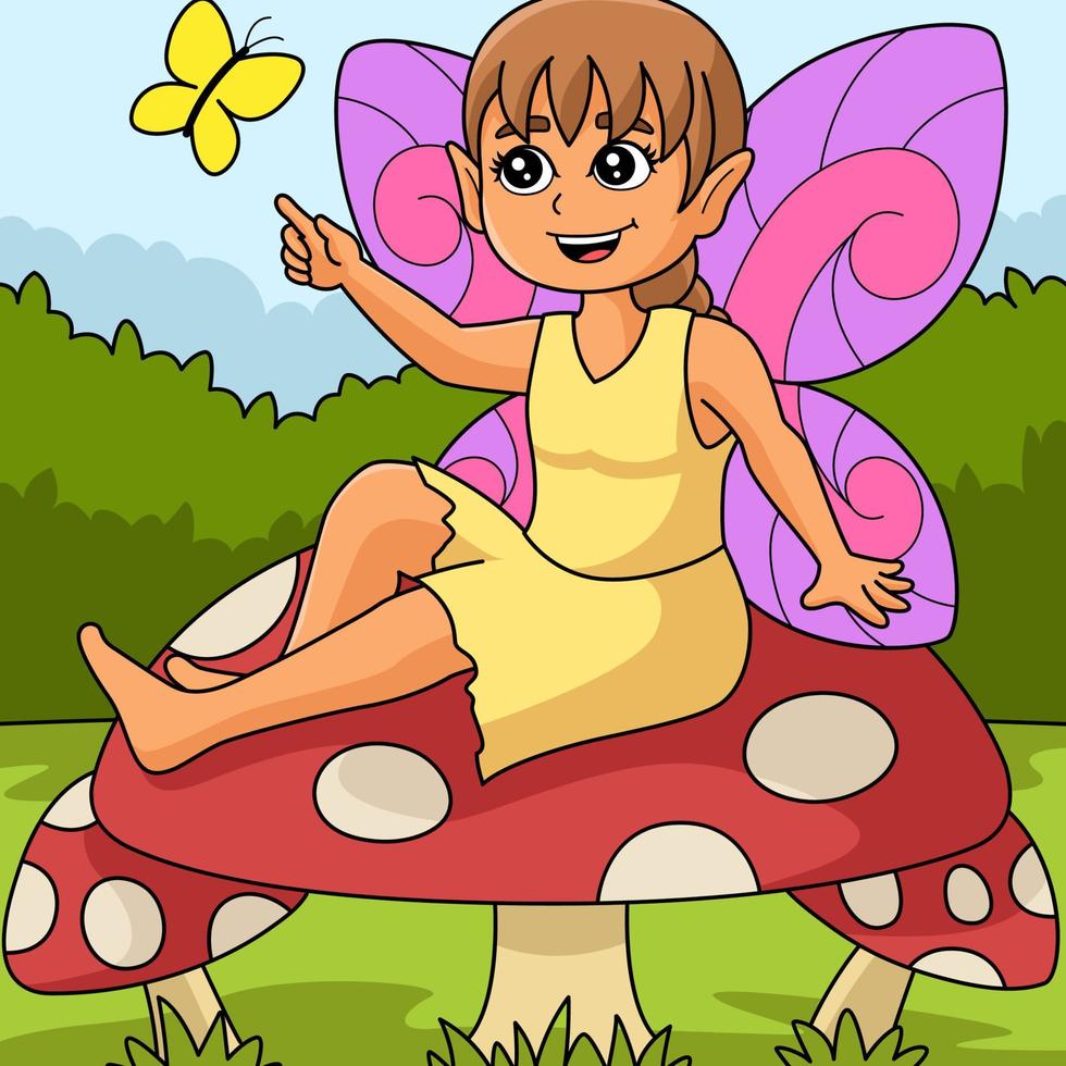 hada sentada en una caricatura de color hongo vector