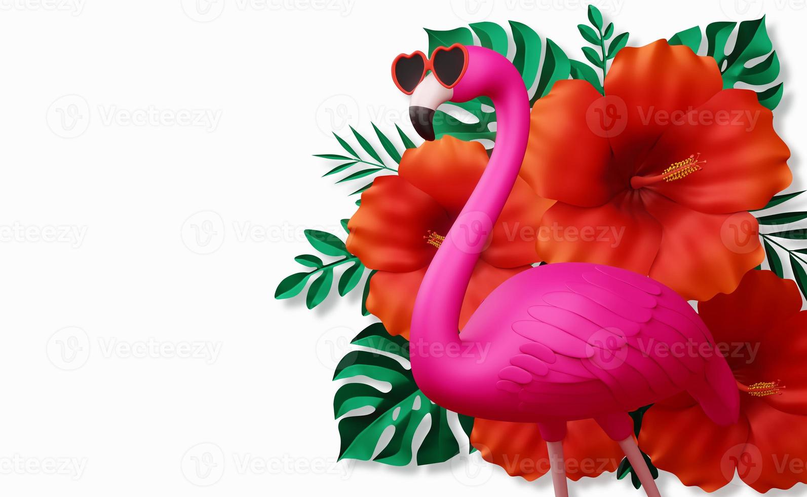 Flamingo wearing glasses and hibiscus flowerwith leaves, summer season, summer template 3d rendering photo