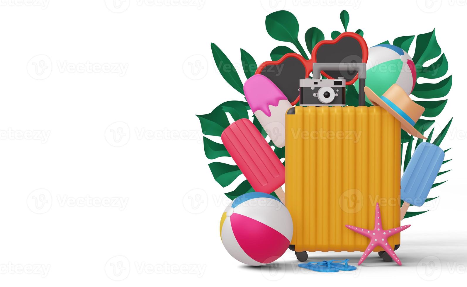 Suitcase with beach equipment, summer season, summer template 3d rendering photo