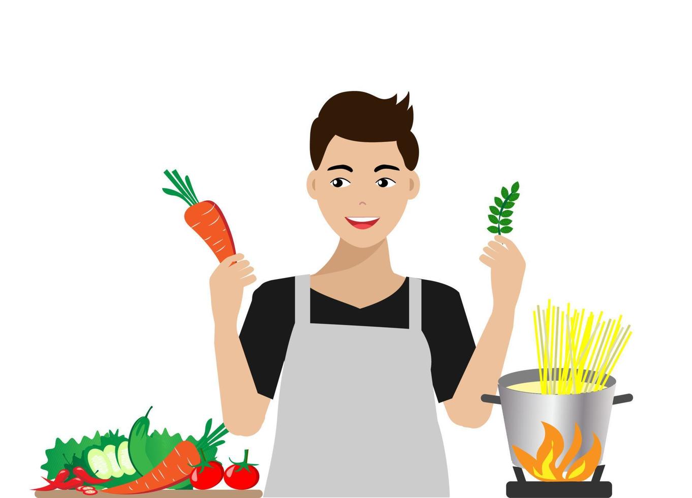 Man cooking food in kitchen at home vector