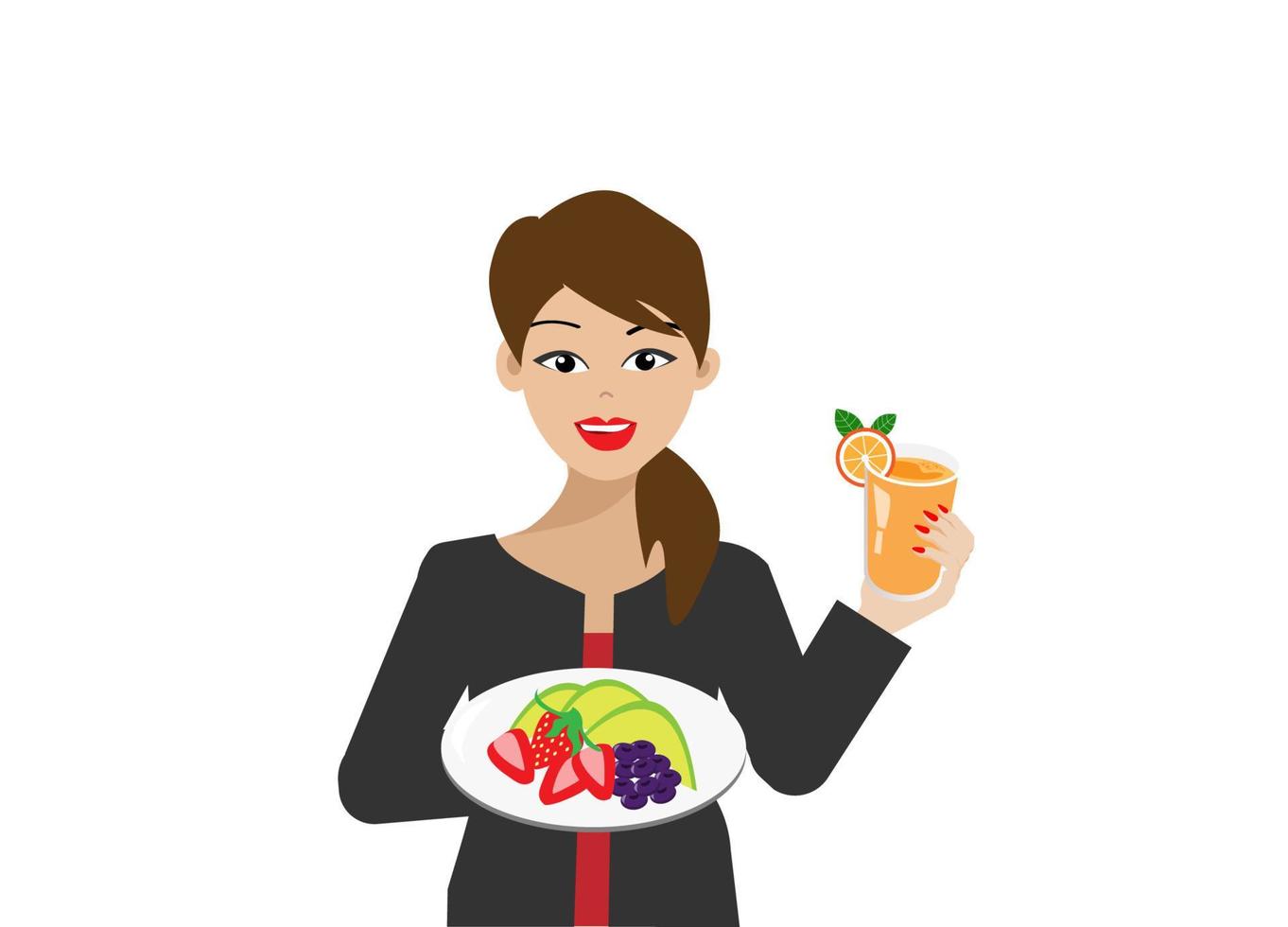 mujer sosteniendo jugo de naranja y plato de ensalada de frutas como desayuno vector