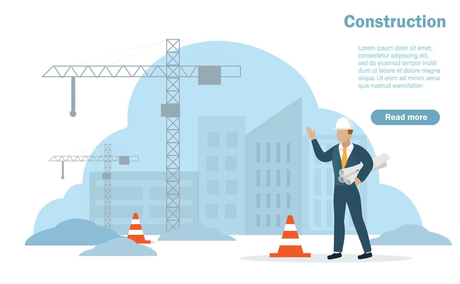 Engineers at construction site holding blueprints overseeing project plan with buildings and heavy industrial cranes background. vector