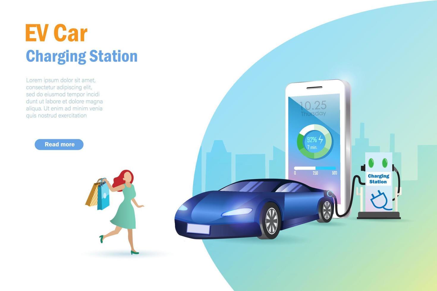 coche ev, mujer comprando mientras espera la batería de carga del vehículo eléctrico en la estación con el estado del teléfono inteligente. vector