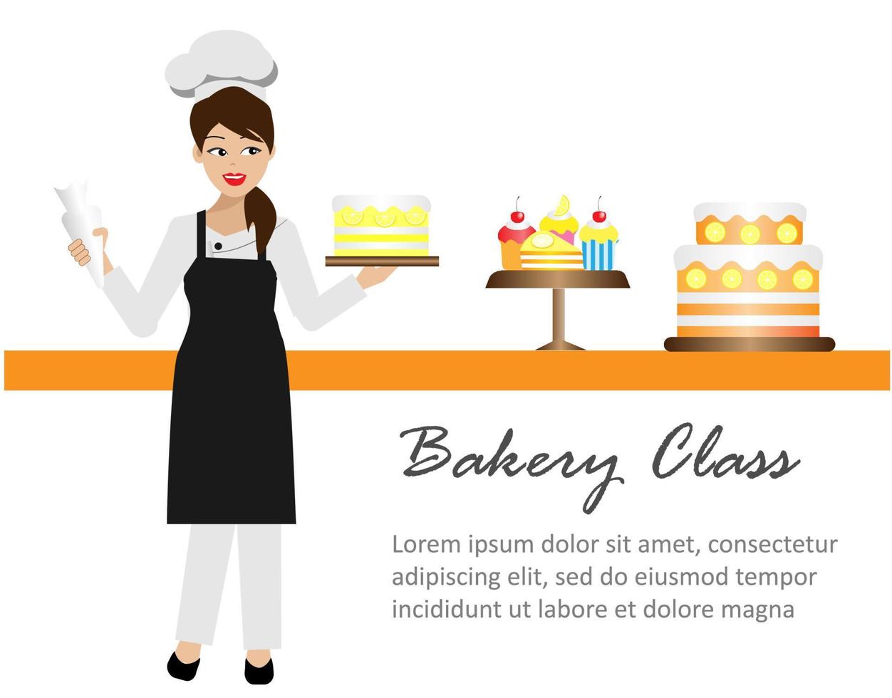 mujer chef decorar pastel en clase de panadería vector