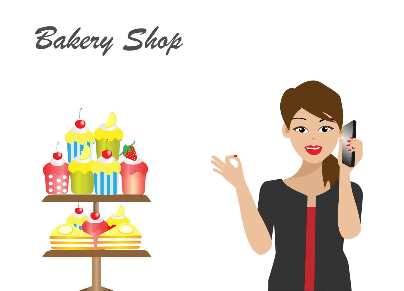 Woman in bakery shop taking order on phone. vector
